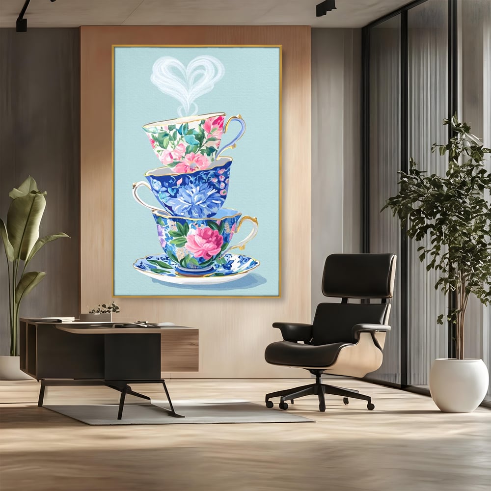 Tablou canvas cu pictura cu stiva de cesti de ceai, in rama de aluminiu auriu, pe perete intr-un birou